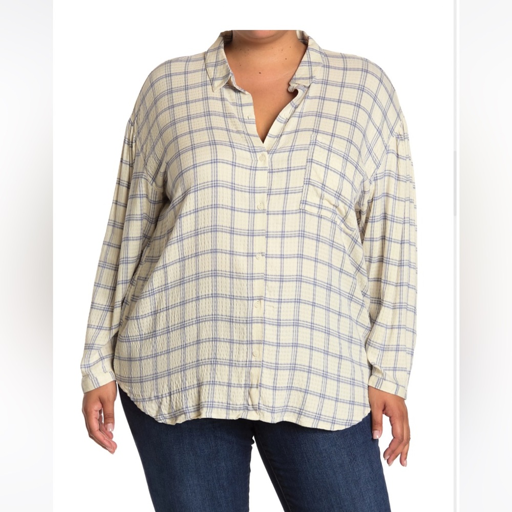 Melrose and market check print button down shirt. Tan and blue gingham pattern.